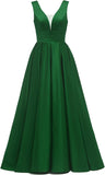 Glitter Satin Prom Dresses for Women Long V Neck A-Line Pleated Formal Evening Party Gowns with Pockets
