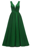 Glitter Satin Prom Dresses for Women Long V Neck A-Line Pleated Formal Evening Party Gowns with Pockets