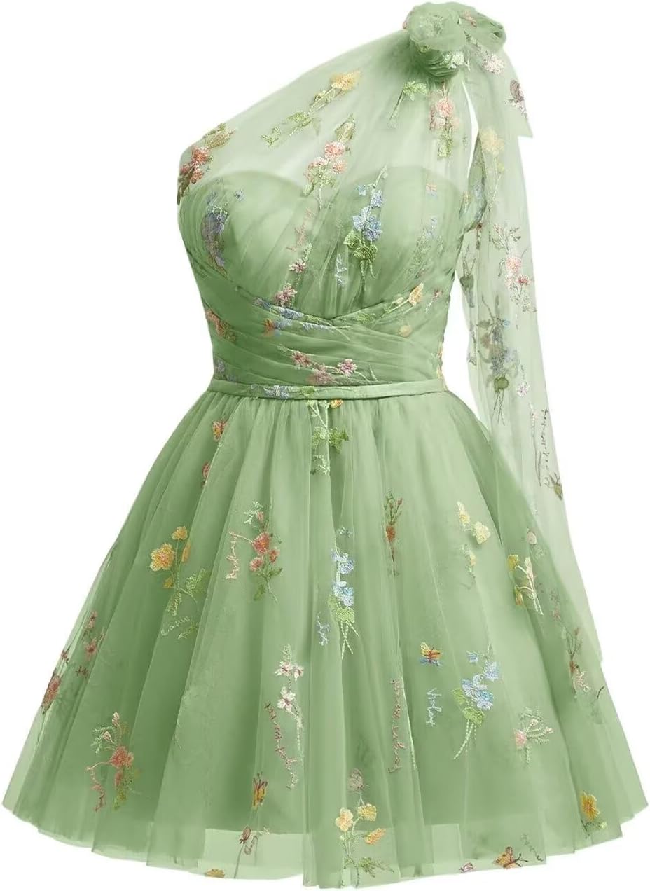 One Shoulder Homecoming Dresses for Teens Flower Embroidery Tulle Short Prom Dress A-Line Formal Party Ball Gowns