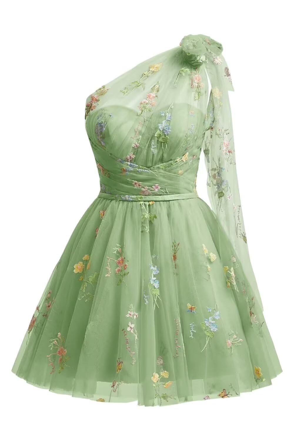 One Shoulder Homecoming Dresses for Teens Flower Embroidery Tulle Short Prom Dress A-Line Formal Party Ball Gowns