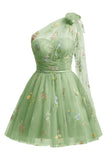 One Shoulder Homecoming Dresses for Teens Flower Embroidery Tulle Short Prom Dress A-Line Formal Party Ball Gowns