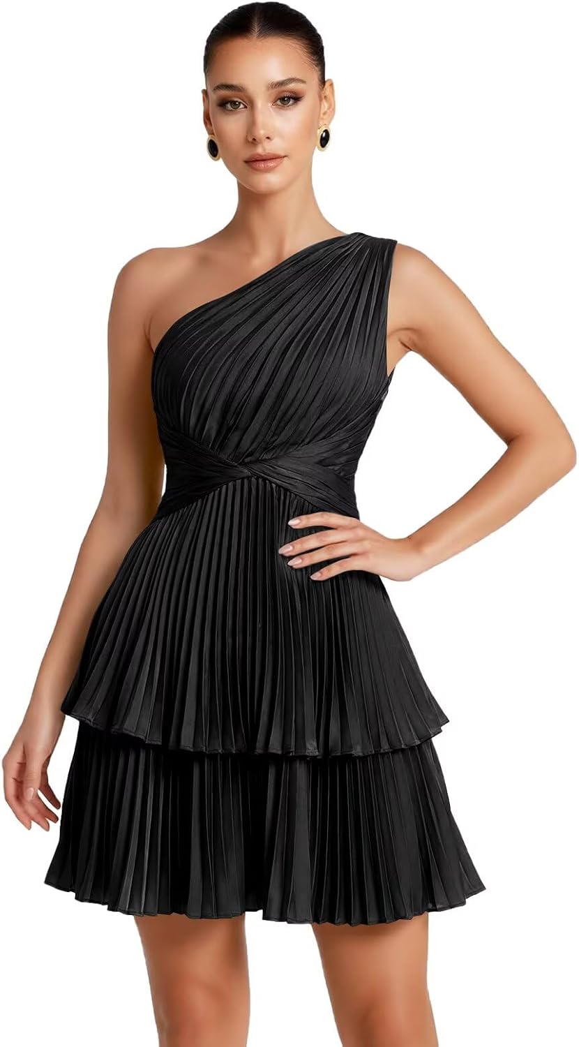 One Shoulder Satin Homecoming Dresses for Teens 2026 Short A-line Prom Dress Pleated Tiered Cocktail Party Gowns
