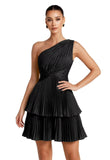 One Shoulder Satin Homecoming Dresses for Teens 2026 Short A-line Prom Dress Pleated Tiered Cocktail Party Gowns