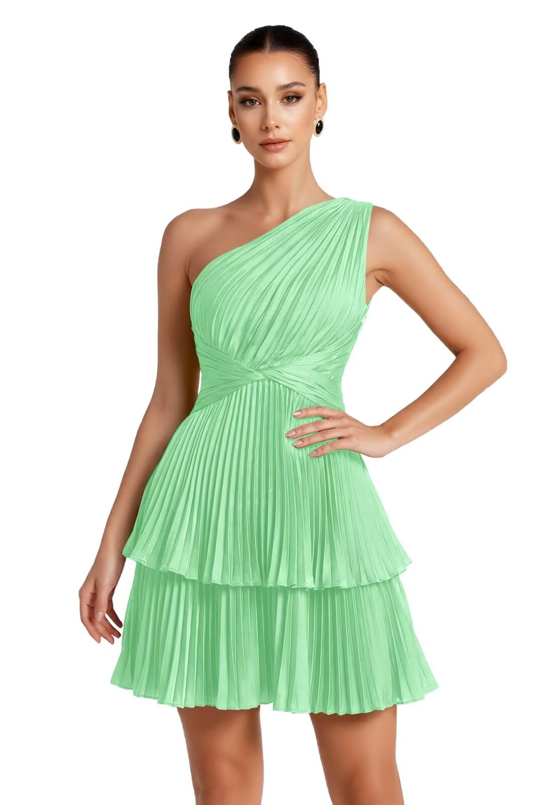 One Shoulder Satin Homecoming Dresses for Teens 2026 Short A-line Prom Dress Pleated Tiered Cocktail Party Gowns