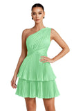 One Shoulder Satin Homecoming Dresses for Teens 2026 Short A-line Prom Dress Pleated Tiered Cocktail Party Gowns