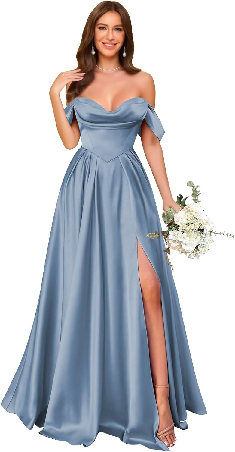 Off Shoulder Satin Bridesmaid Dresses Long Pleated Formal Dresses A Line Evening Gowns with Slit