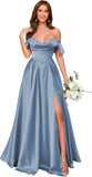 Off Shoulder Silk Satin Bridesmaid Dresses Long Pleated Formal Dresses A Line Evening Gowns with Slit