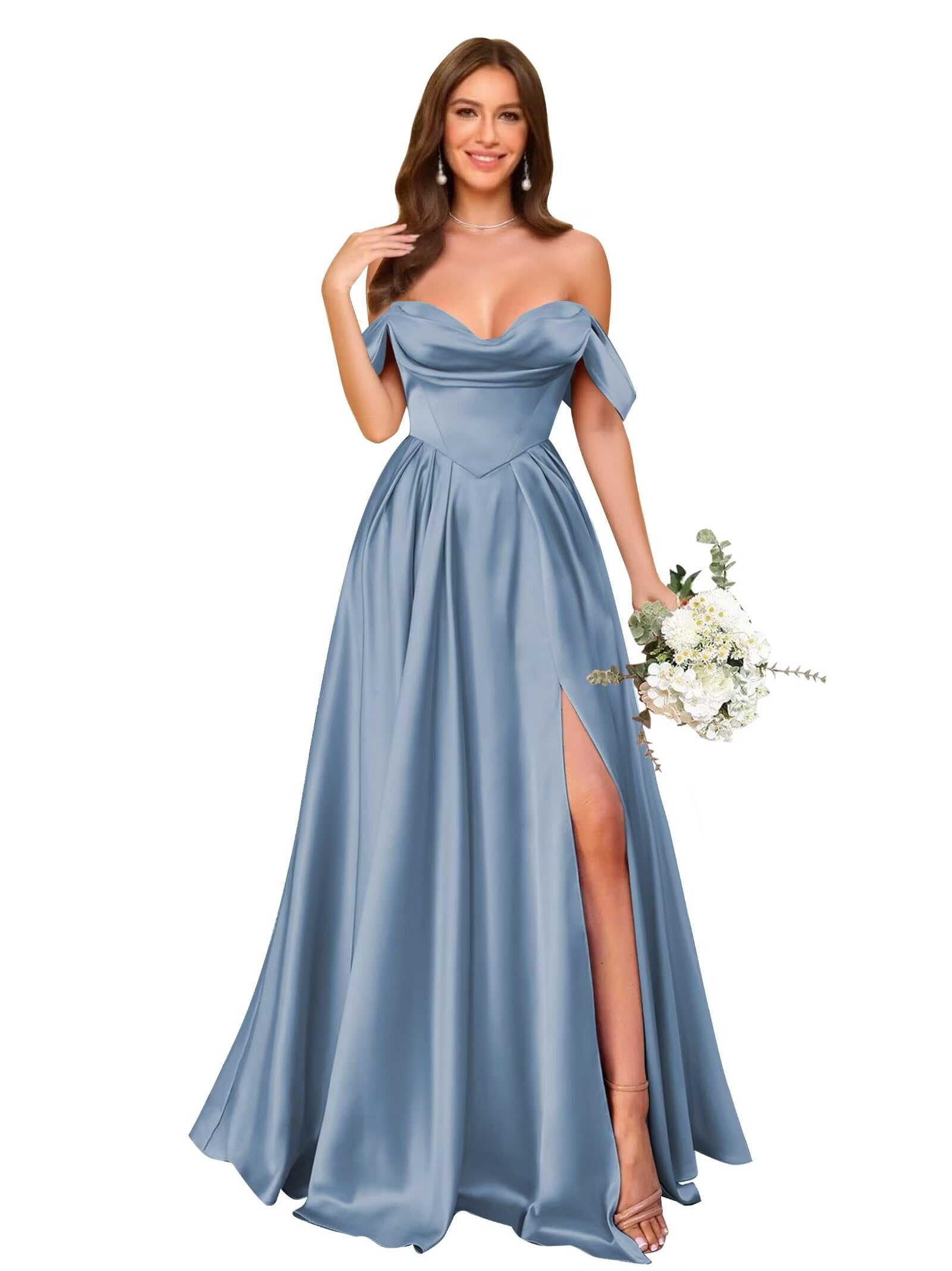 Off Shoulder Satin Bridesmaid Dresses Long Pleated Formal Dresses A Line Evening Gowns with Slit