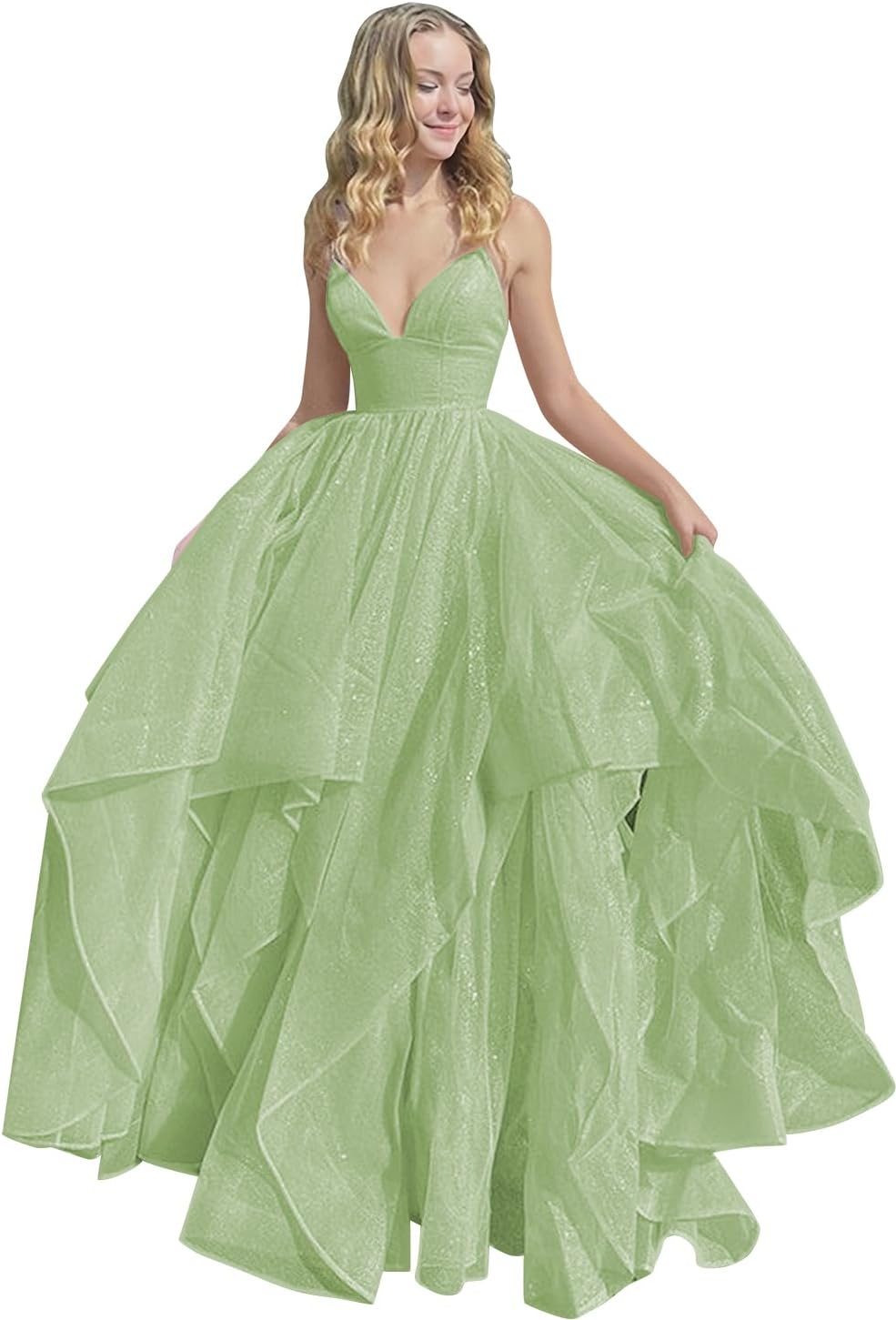 Women's Sparkly Tulle Prom Dress 2023 Long Ball Gown Spaghetti Straps Quinceanera Dress