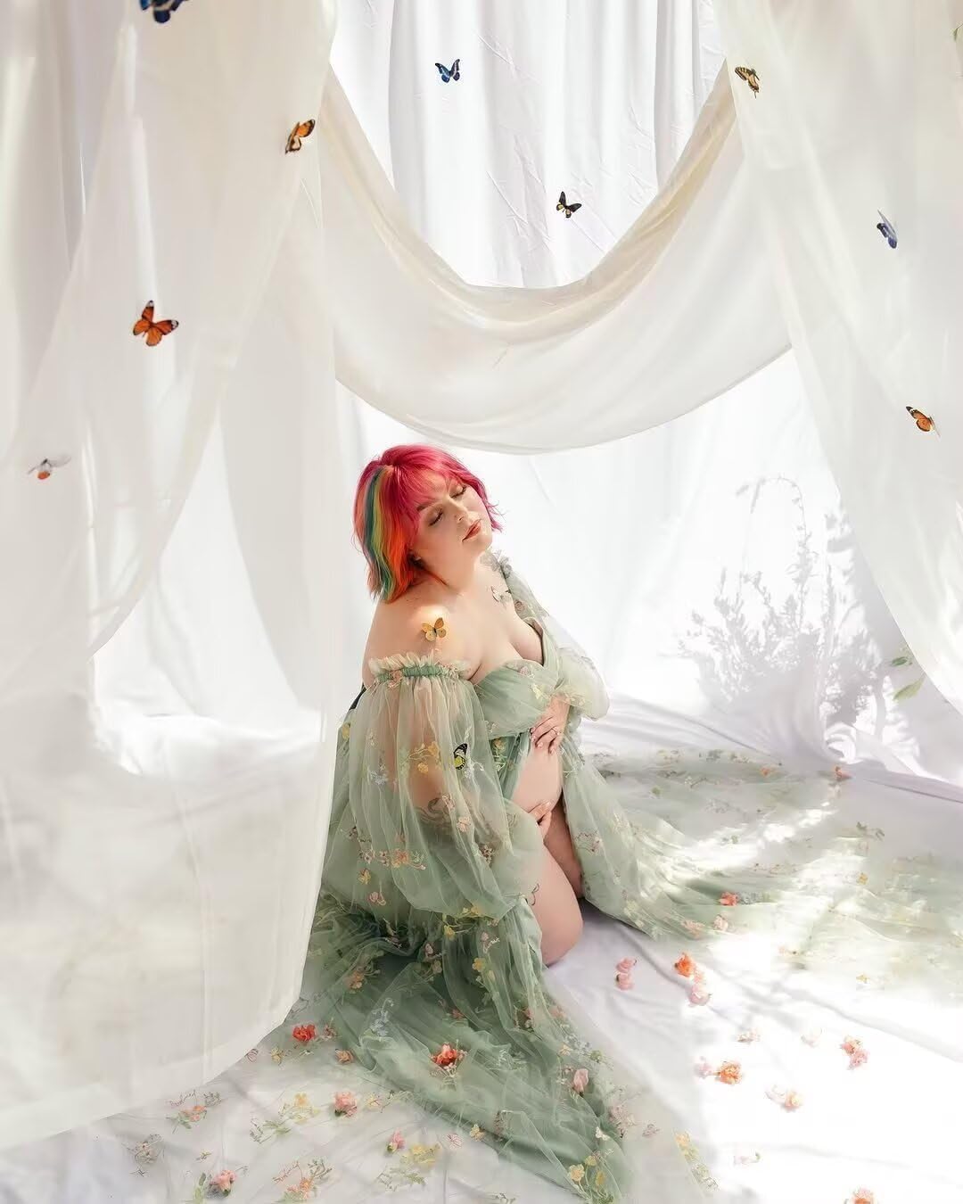 Flower Embroidery Tulle Maternity Dresses for Photoshoot Long Puffy Sleeve Off Shoulder Pregnancy Baby Shower Dress