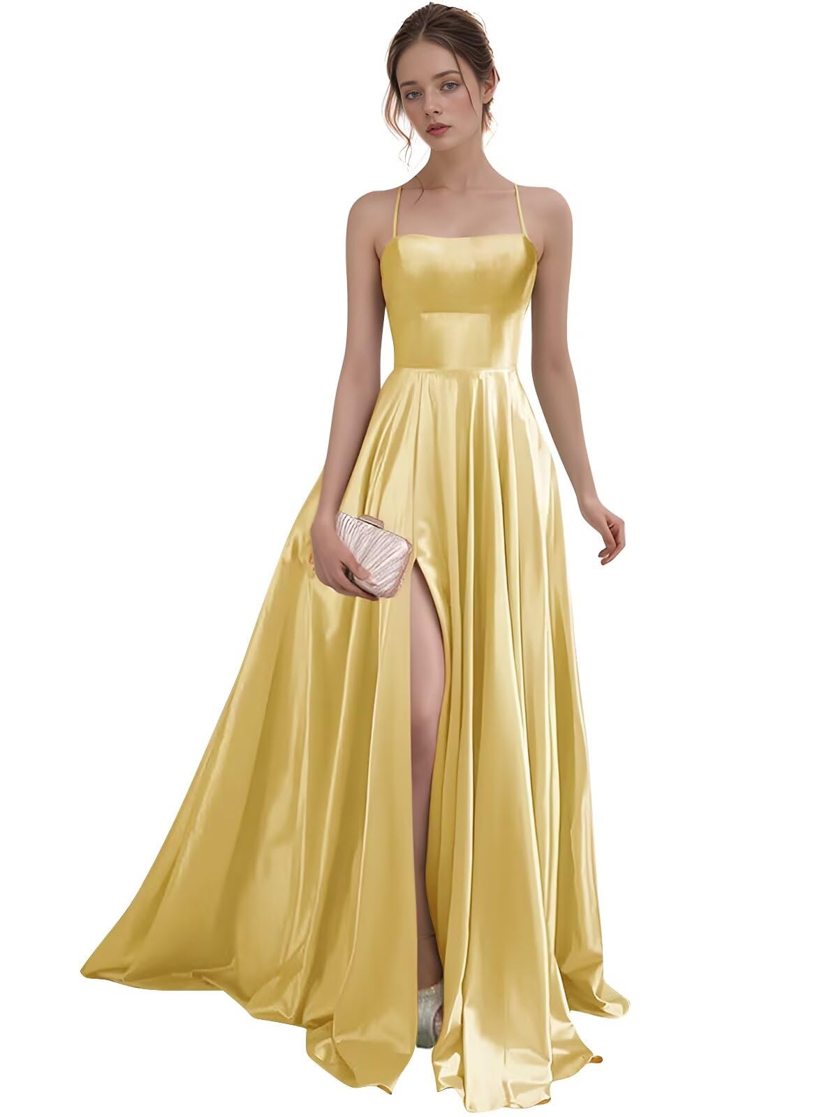 Women's Satin Prom Dresses with Slit Strapless A Line Corset Ball Gowns Spaghetti Straps Formal Evening Gowns with Pockets