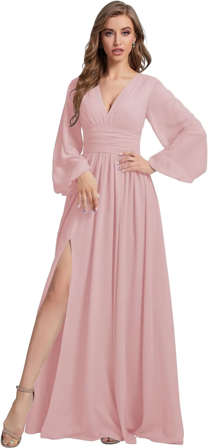 Womens V-Neck Long Sleeve Bridesmaid Dresses with Slit 2024 Ruched A-line Chiffon Prom Formal Dresses