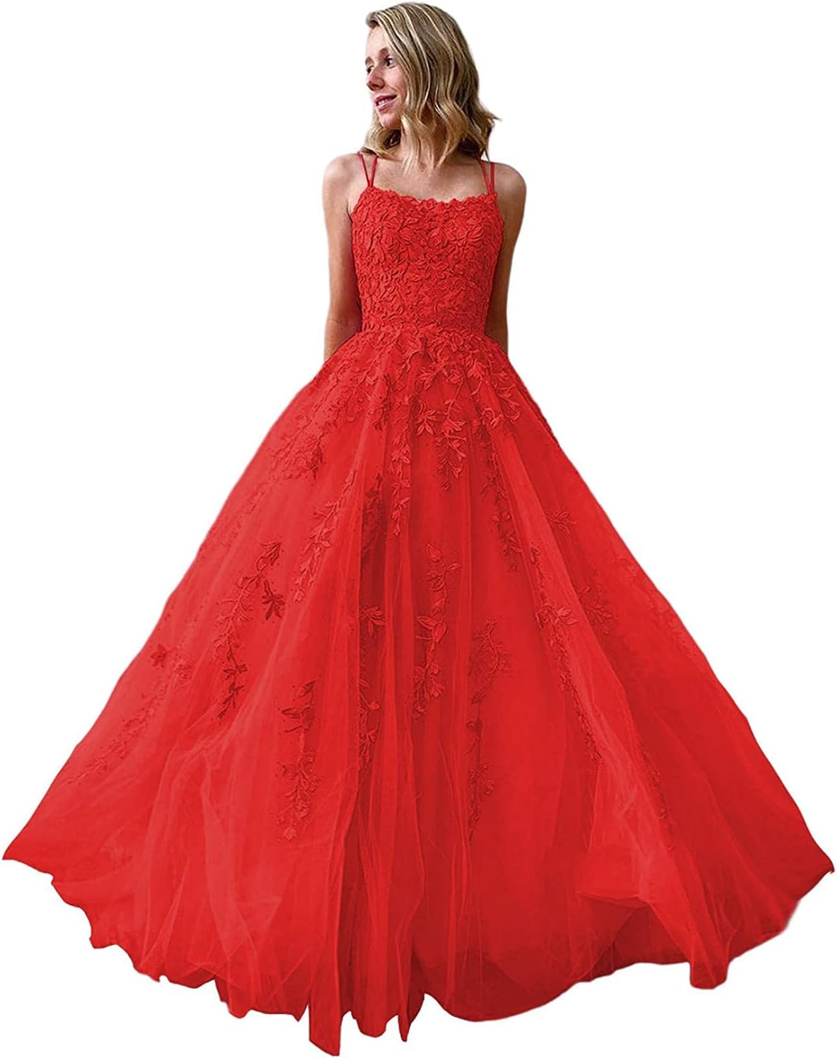 Ballkleider, langes Ballkleid für Damen, Spaghettiträger, Tüll, A-Linie, sexy, rückenfrei, formelle Partykleider mit Taschen 