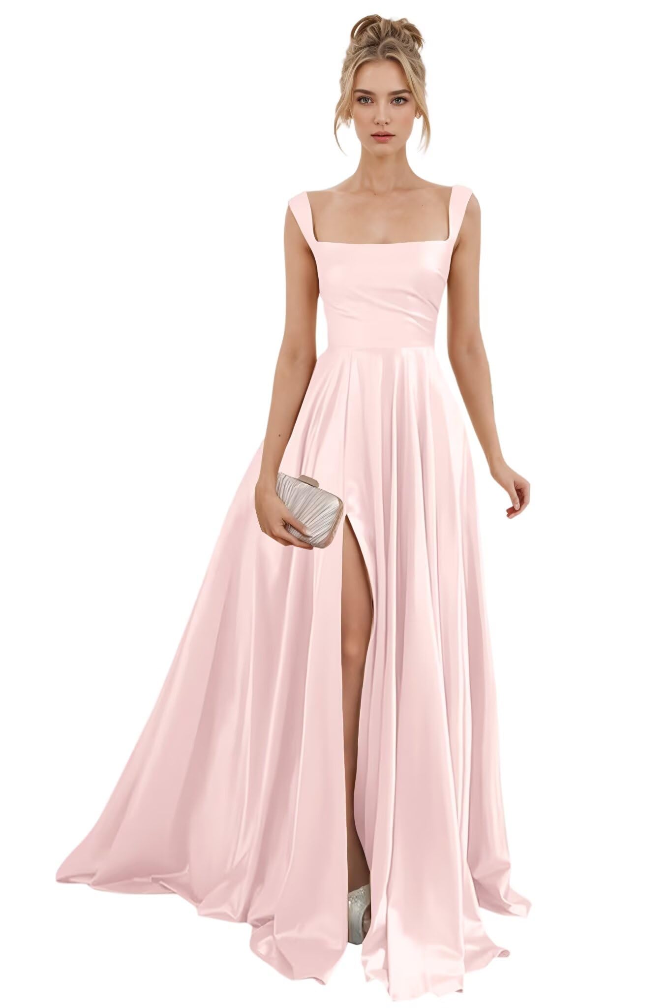 Spaghetti Straps Satin Bridesmaid Dresses for Women Long A-Line Square Neck Formal Evening Party Gown with Slit