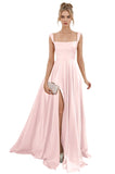 Spaghetti Straps Satin Bridesmaid Dresses for Women Long A-Line Square Neck Formal Evening Party Gown with Slit