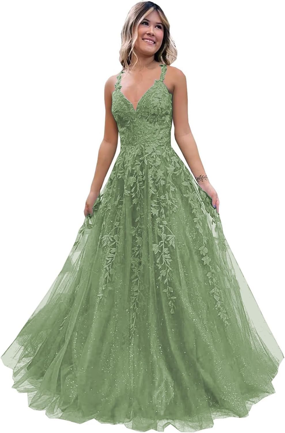 Women's Sparkly Tulle Lace Applique Prom Dresses 2025 Long Spaghetti Straps Formal Evening Gowns