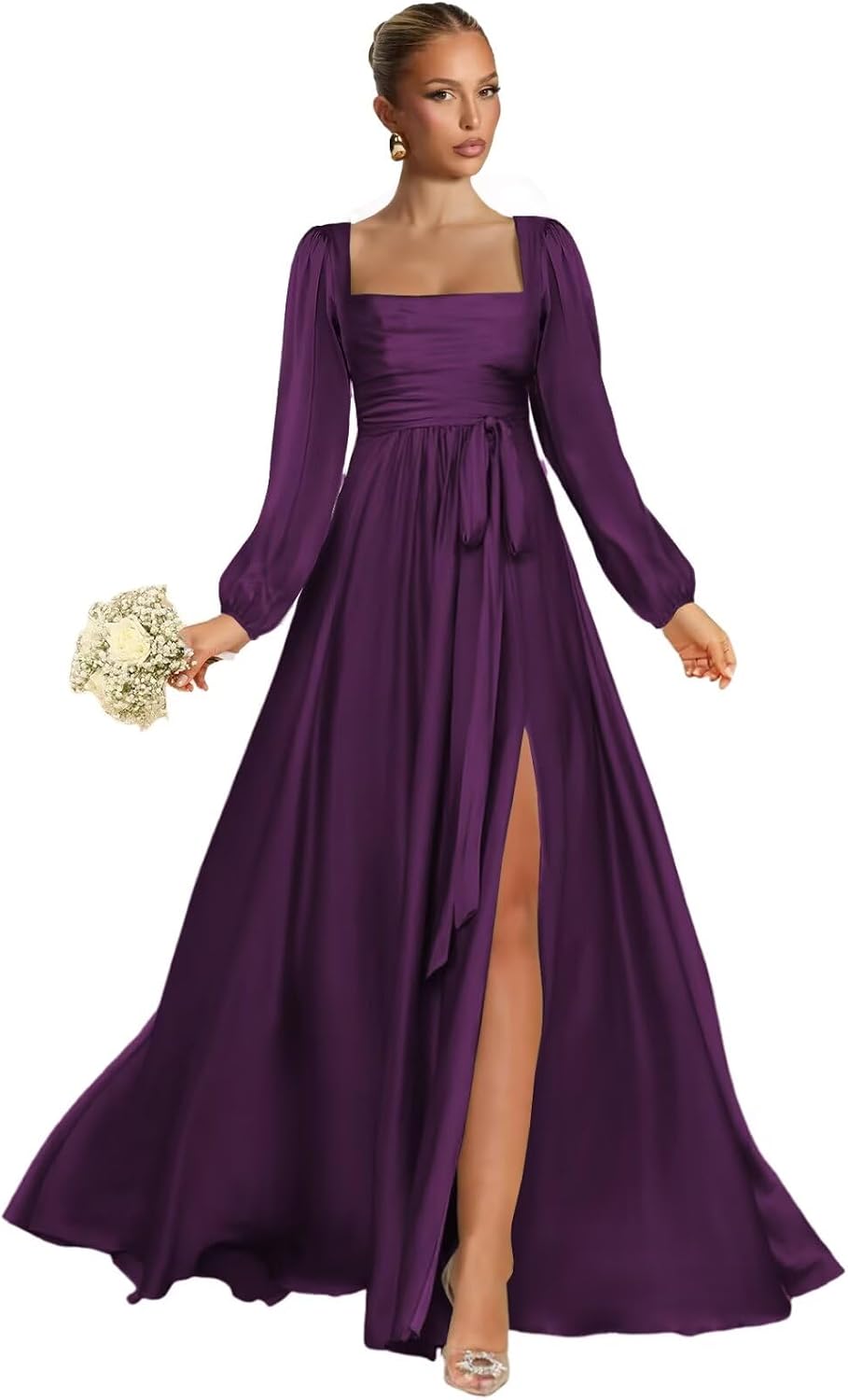 Satin Bridesmaid Dresses with Slit Long Sleeve Square Neck A Line Maxi Formal Dress