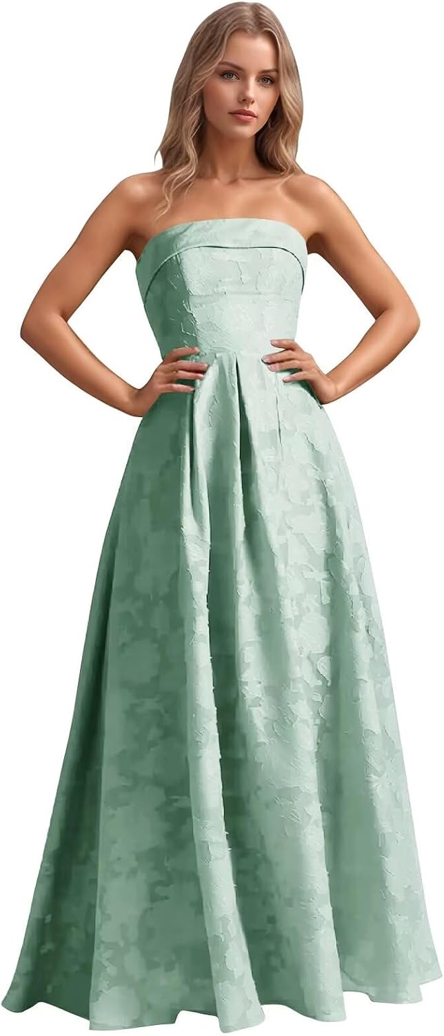 Jacquard Floral Prom Dresses Strapless Maxi Evening Gowns A-Line Ruched Formal Party Dress Elegant