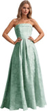 Jacquard Floral Prom Dresses Strapless Maxi Evening Gowns A-Line Ruched Formal Party Dress Elegant