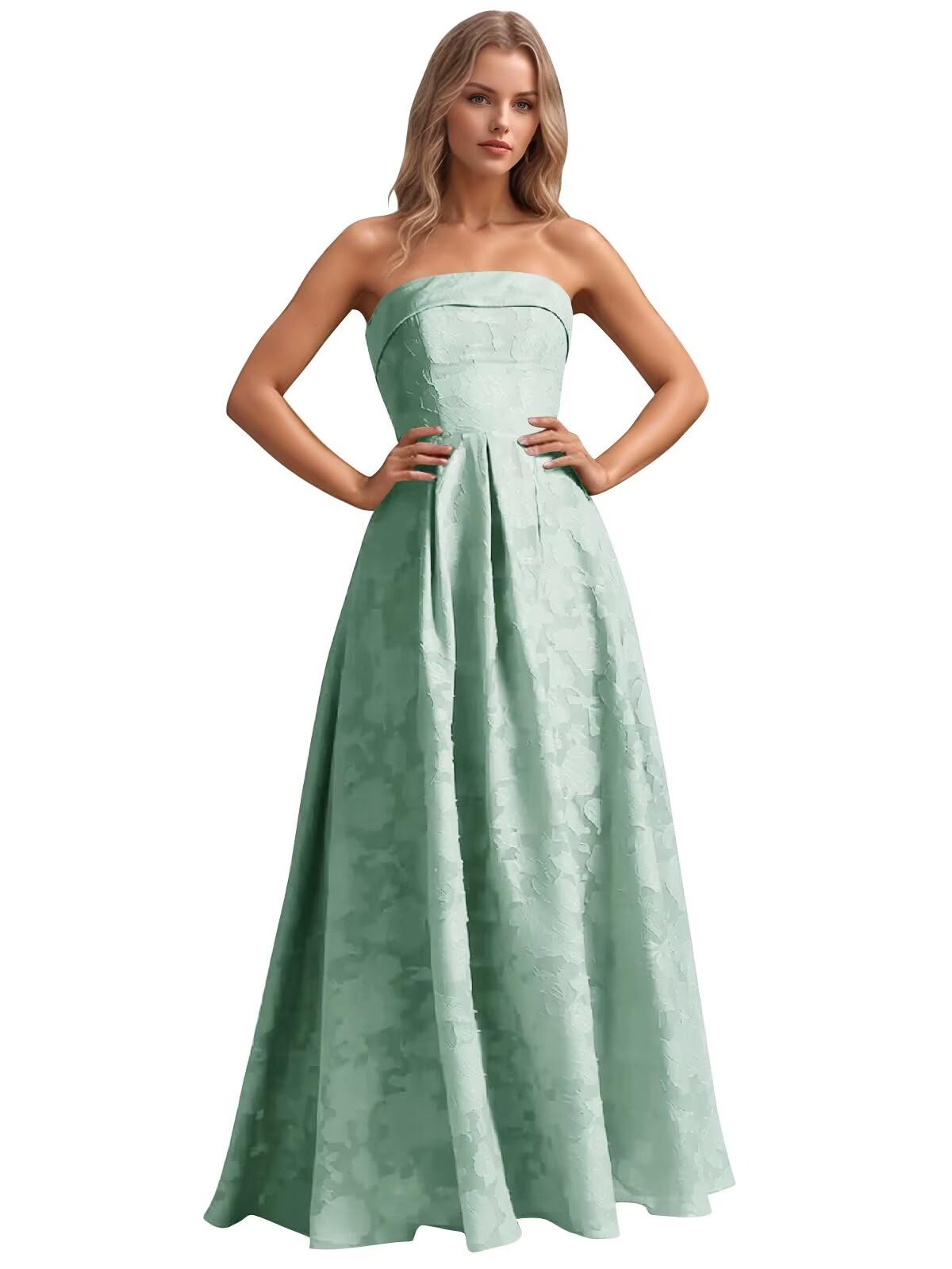 Jacquard Floral Prom Dresses Strapless Maxi Evening Gowns A-Line Ruched Formal Party Dress Elegant
