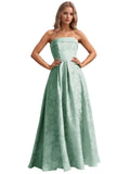 Jacquard Floral Prom Dresses Strapless Maxi Evening Gowns A-Line Ruched Formal Party Dress Elegant