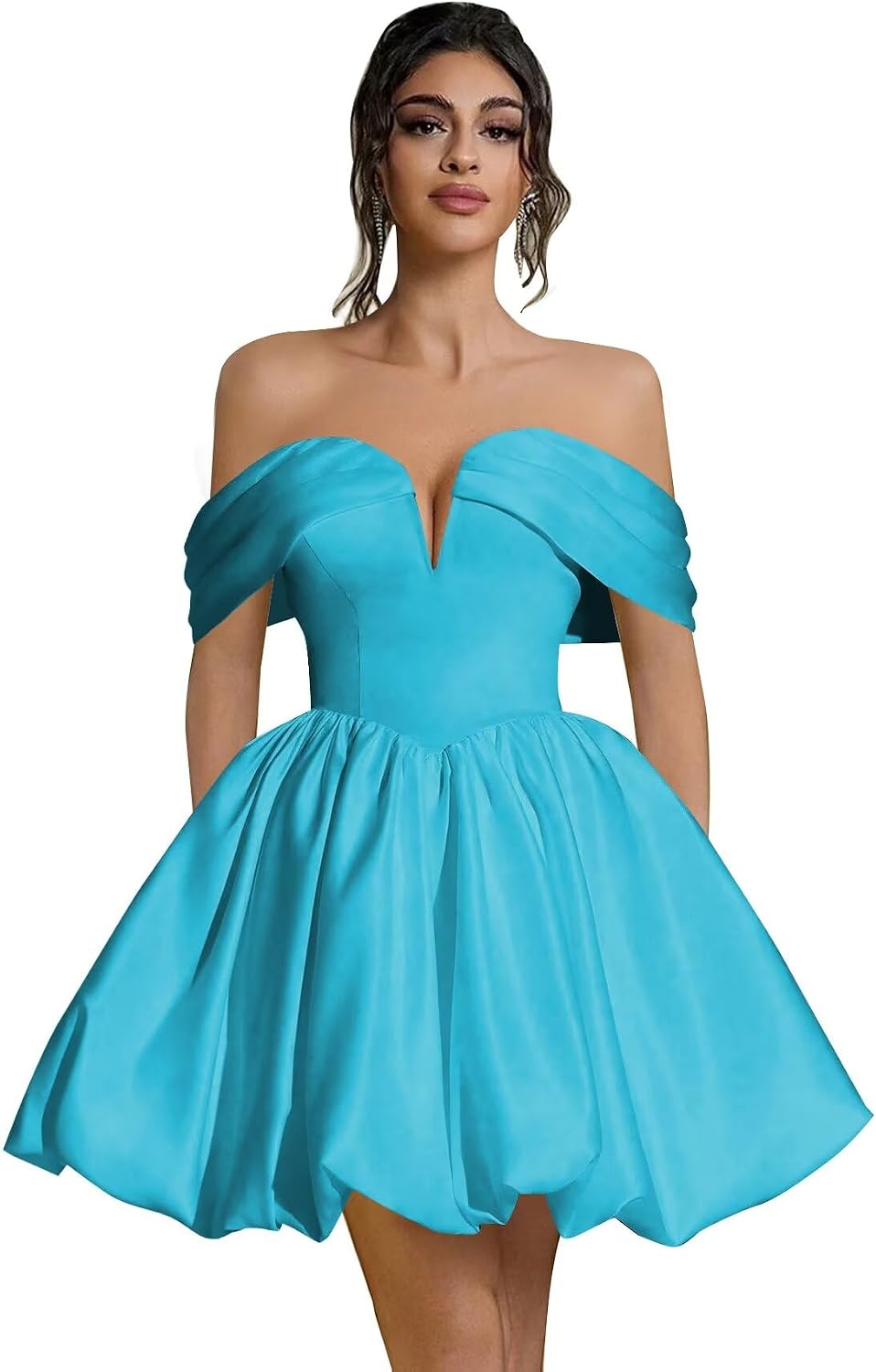Off Shoulder Satin Homecoming Dresses Teens Short Bubble Dress A Line Mini Cocktail Party Gown