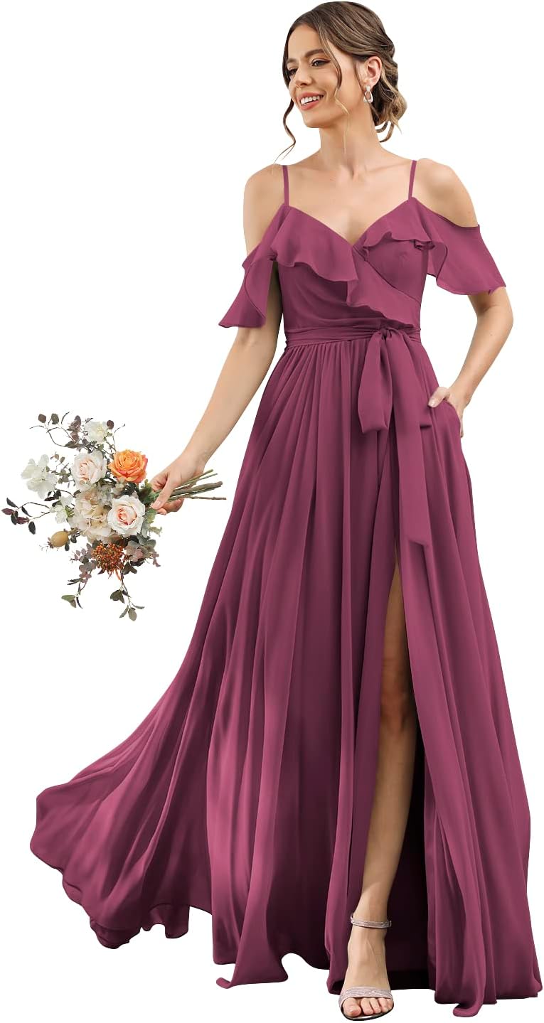 Women's Bridesmaid Dresses with Slit Long Cold Shoulder Chiffon Formal Party Dress with Pockets