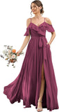 Women's Bridesmaid Dresses with Slit Long Cold Shoulder Chiffon Formal Party Dress with Pockets