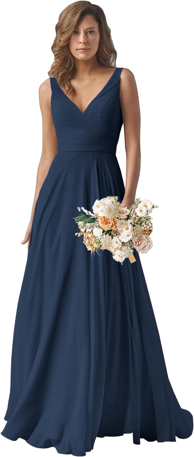 Chiffon Bridesmaid Dresses Long for Women A Line Ruched Formal Porm Evening Gowns