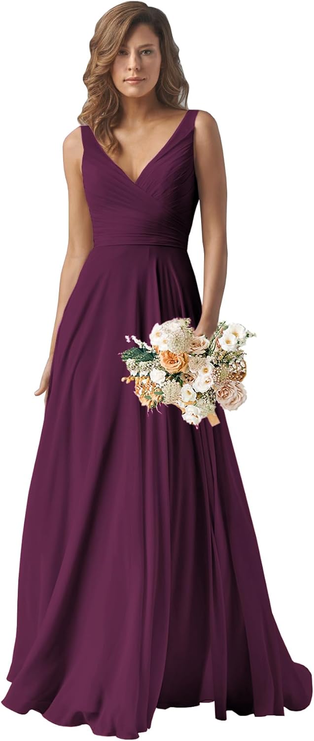 Chiffon Bridesmaid Dresses Long for Women A Line Ruched Formal Porm Evening Gowns