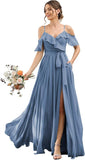 Women's Bridesmaid Dresses with Slit Long Cold Shoulder Chiffon Formal Party Dress with Pockets