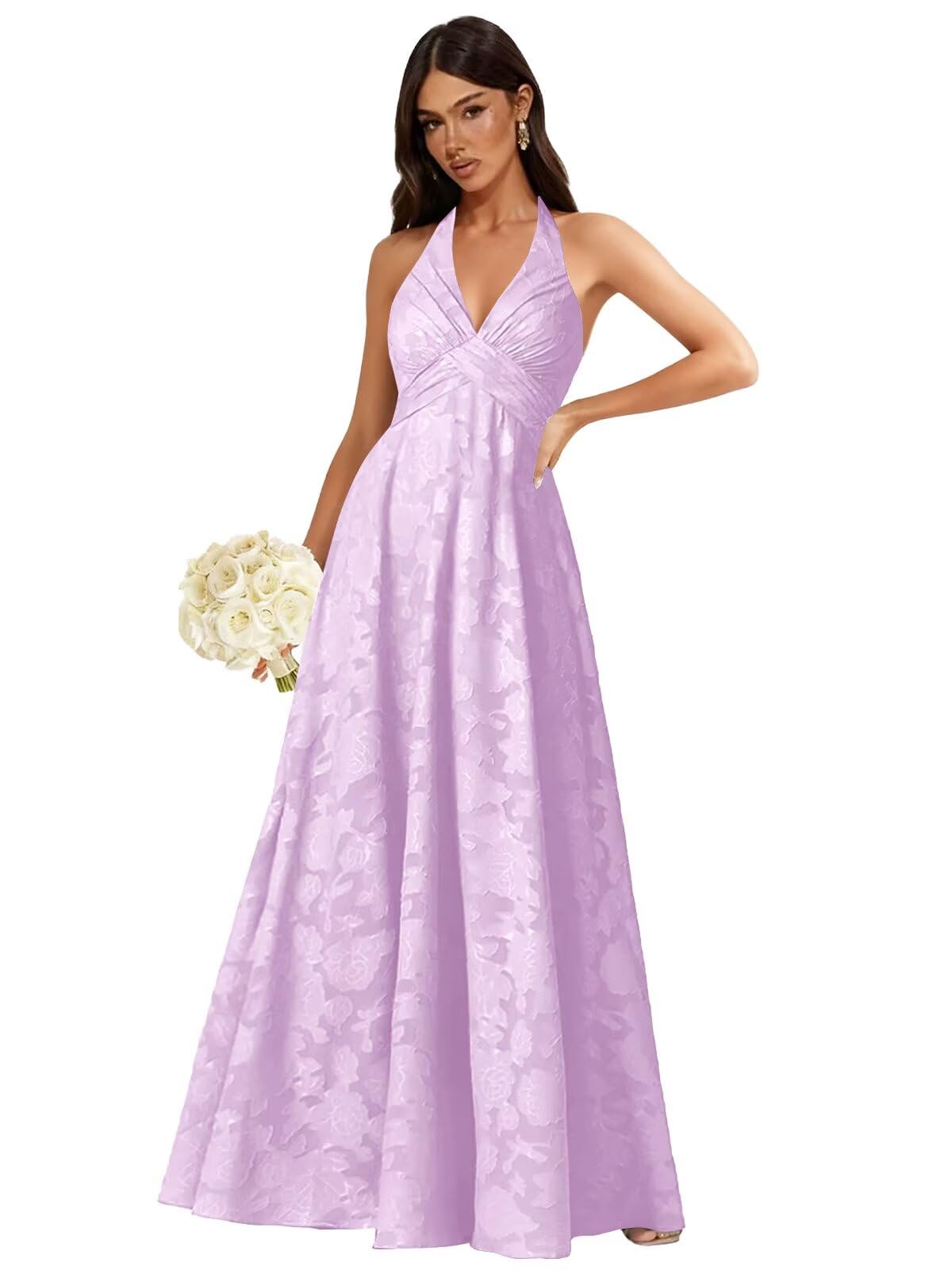 Floral Lace Bridesmaid Dresses for Women Long V Neck A-Line Open Back Halter Formal Evening Gown