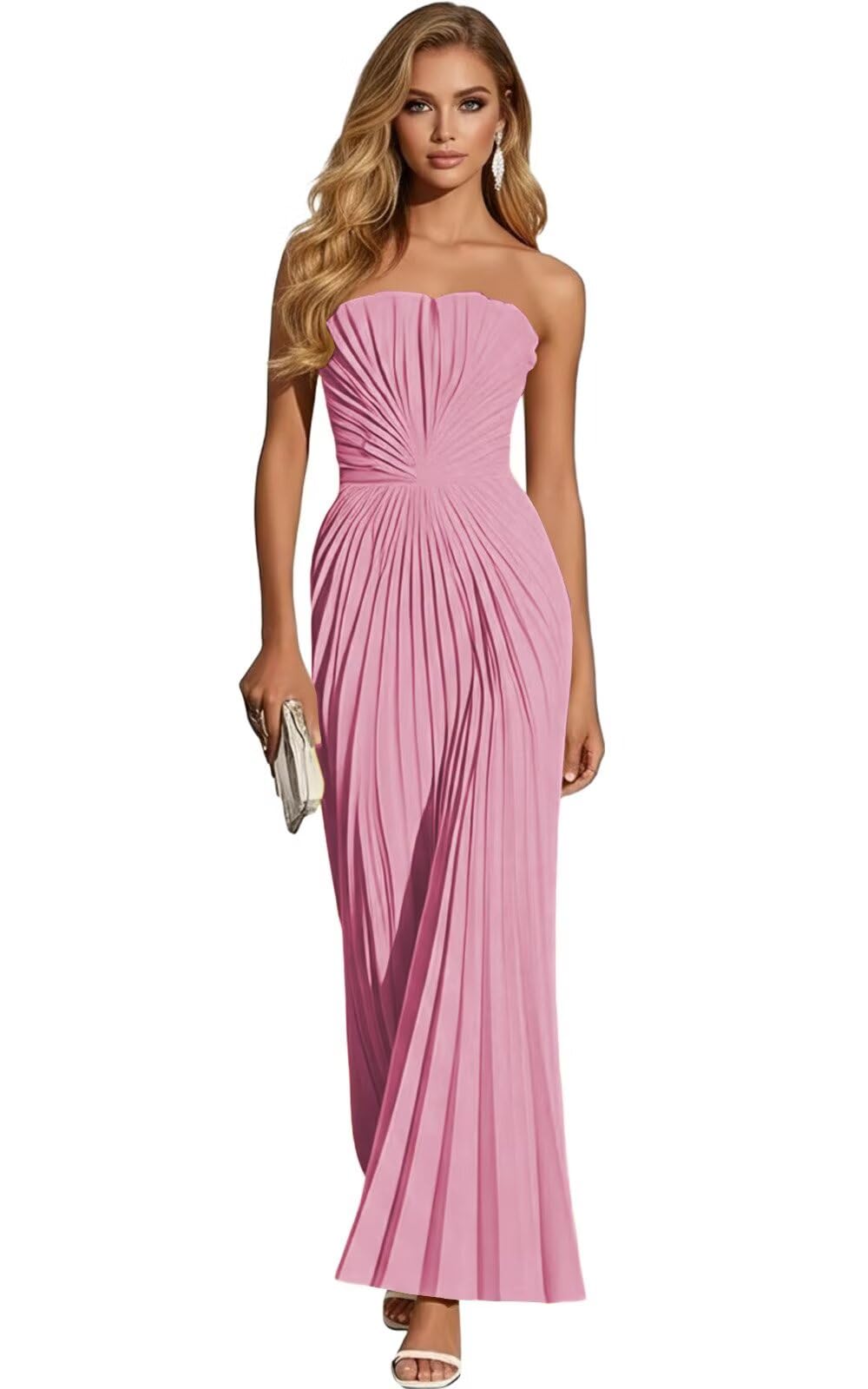 Women's Strapless Pleated Bridesmaid Dress Elegant Sweetheart Neck Formal Prom Gown for Wedding Guest