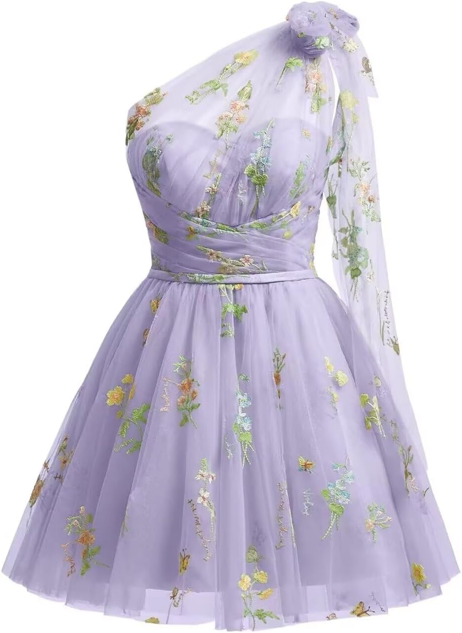 One Shoulder Homecoming Dresses for Teens Flower Embroidery Tulle Short Prom Dress A-Line Formal Party Ball Gowns