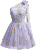 One Shoulder Homecoming Dresses for Teens Flower Embroidery Tulle Short Prom Dress A-Line Formal Party Ball Gowns