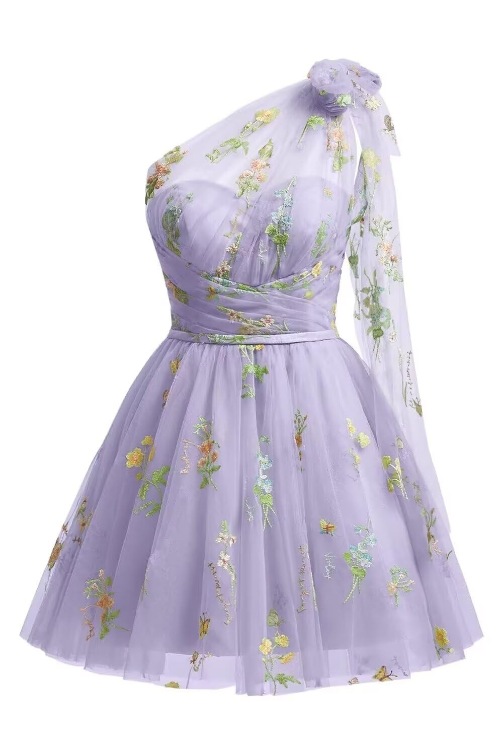 One Shoulder Homecoming Dresses for Teens Flower Embroidery Tulle Short Prom Dress A-Line Formal Party Ball Gowns