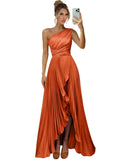 One Shoulder Bridesmaid Dresses for Women Satin Pleated Long A Line Formal Prom Evening Party Dress with Slit