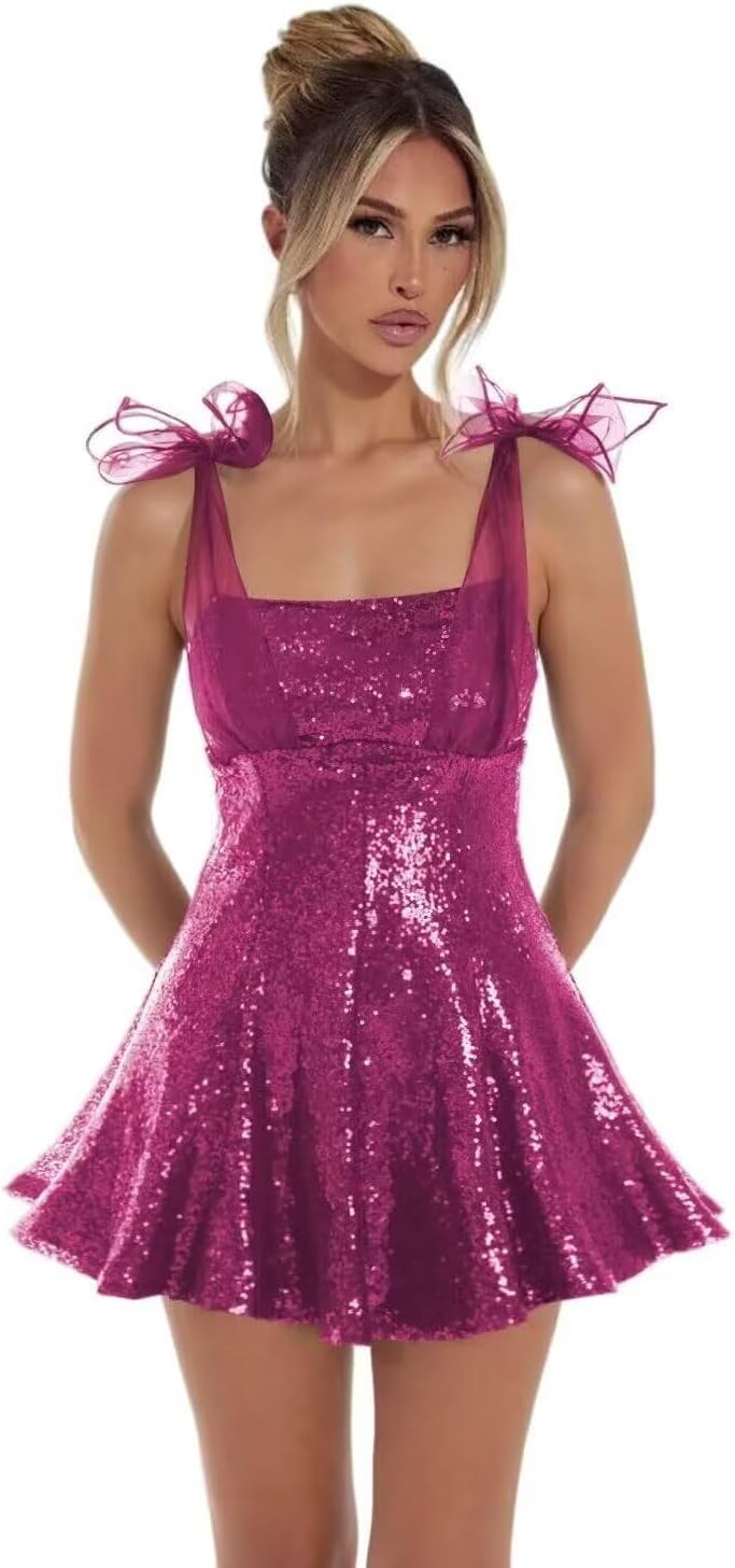 Sparkly Sequin Homecoming Dresses for Teens 2027 Spaghetti Strap Short Prom Dress with Bow Glitter Tulle Cocktail Party Gown