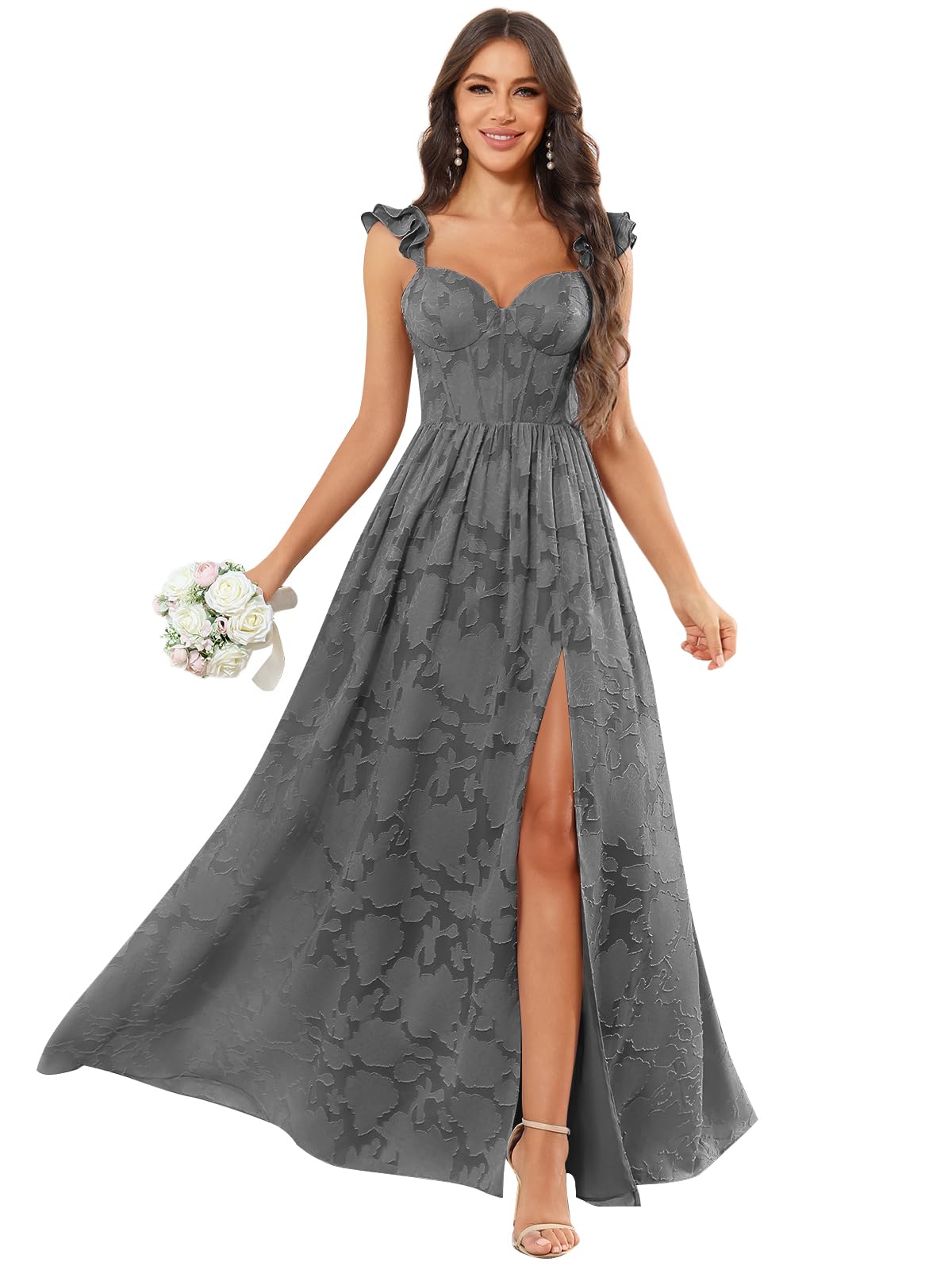 Chiffon Floral Bridesmaid Dresses with Slit Sleeveless Corset Ruffle A Line Long Formal Evening Gowns