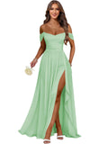 Women's Long Chiffon Bridesmaid Dresses with Slit Off Shoulder A-Line Formal Prom Evening Gown Maxi Wedding Guest Dress