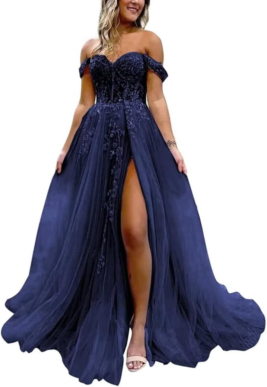 Off The Shoulder Tulle Prom Dress with Laces Applique A-line Slit Long Ball Gowns Glitter Formal Evening Dress