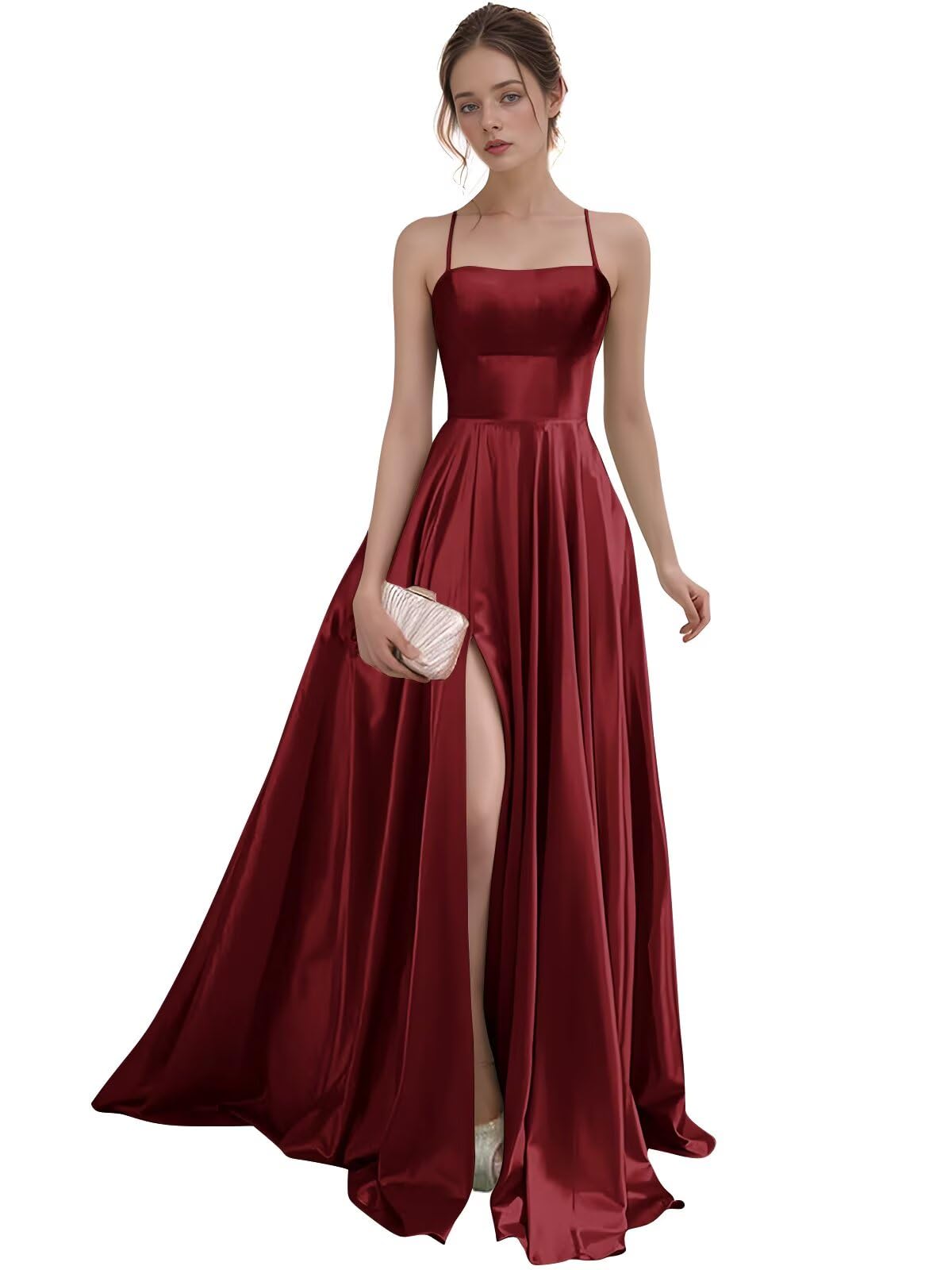 Women's Satin Prom Dresses with Slit Strapless A Line Corset Ball Gowns Spaghetti Straps Formal Evening Gowns with Pockets