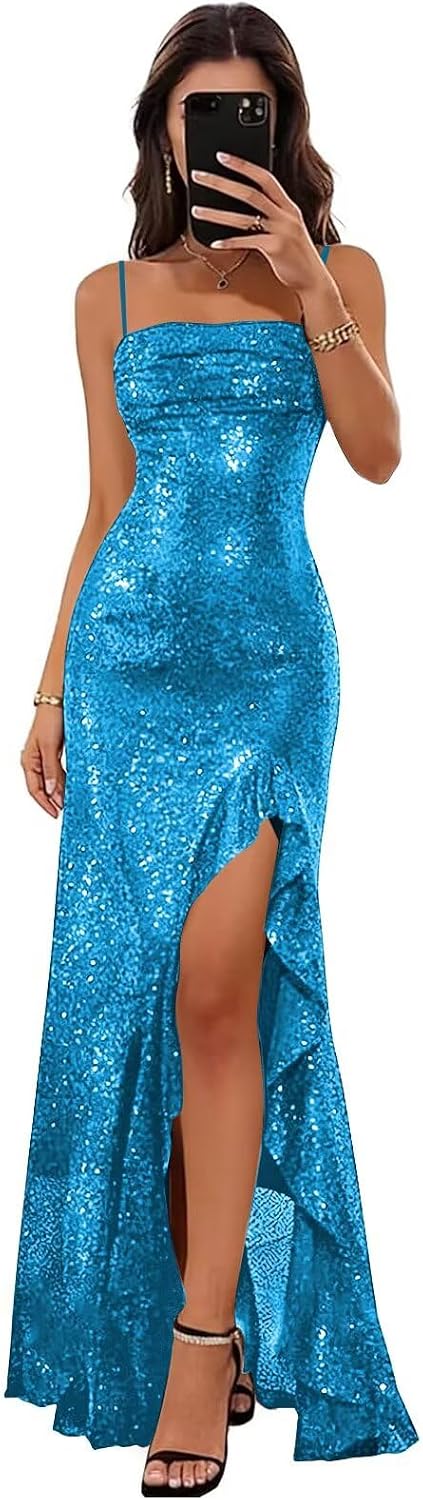 Spaghetti Straps Prom Dresses Long Glitter Sequin Formal Evening Party Dresses with Slit