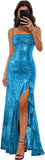 Spaghetti Straps Prom Dresses Long Glitter Sequin Formal Evening Party Dresses with Slit