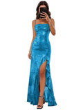 Sparkly Sequin Spaghetti Straps Prom Dresses 2026 Long Ruffles Pleated Formal Evening Dress with Slit