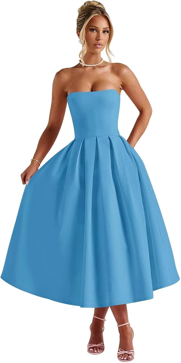 Strapless Satin Tea Length Prom Dresses for Women 2027 A-Line Corset Backless Cocktail Bridesmaid Dress with Pocket