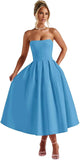 Strapless Satin Tea Length Prom Dresses for Women 2027 A-Line Corset Backless Cocktail Bridesmaid Dress with Pocket