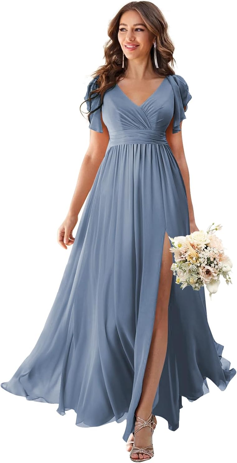 V Neck Flutter Sleeves Bridesmaid Dresses with Slit 2025 Chiffon Aline Pleats Formal Evening Gowns for Women