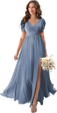 V Neck Flutter Sleeves Bridesmaid Dresses with Slit 2025 Chiffon Aline Pleats Formal Evening Gowns for Women