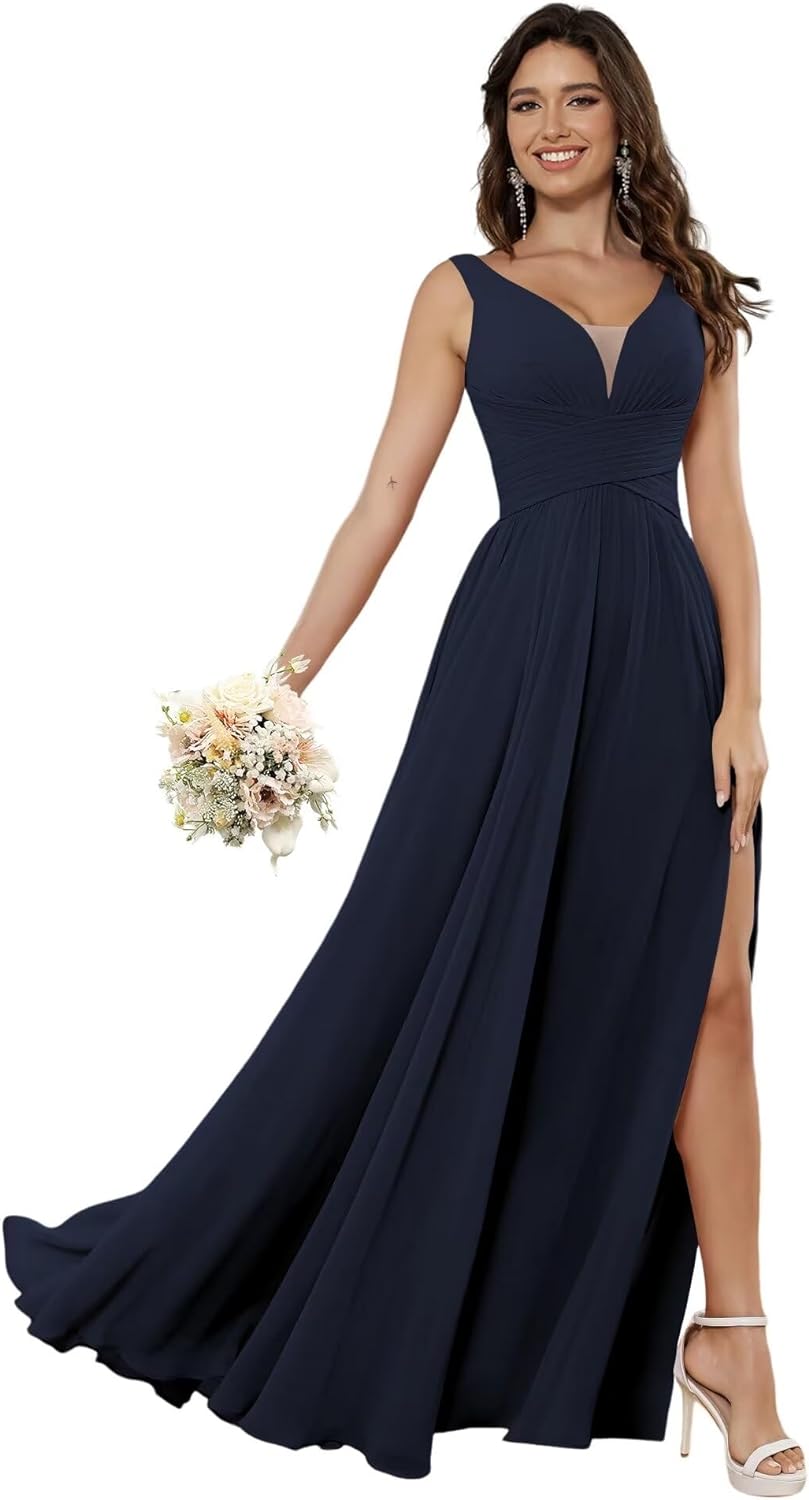 Vestidos de dama de honor sencillos de gasa para mujer con bolsillos, vestidos formales largos con escote en V y abertura 